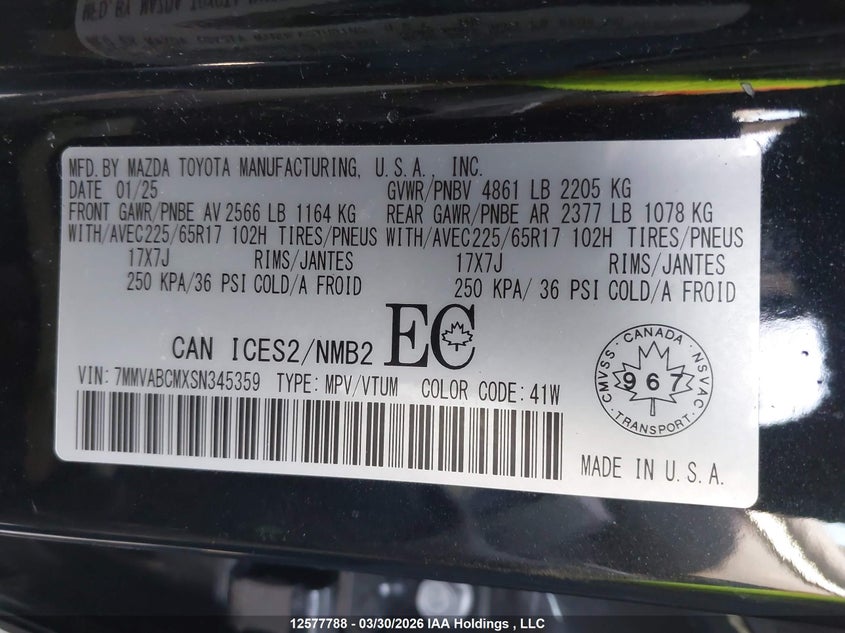 2025 Mazda Cx-50 VIN: 7MMVABCMXSN345359 Lot: 12577788