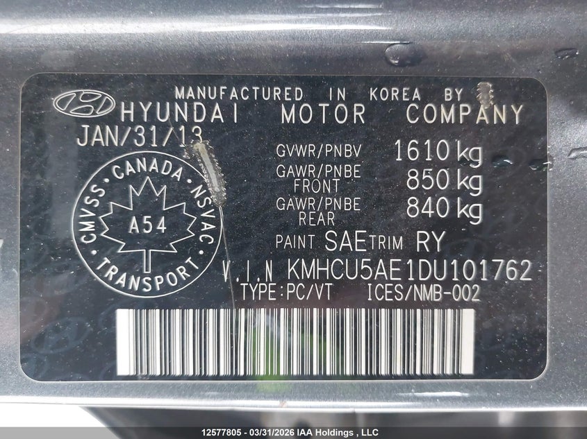 2013 Hyundai Accent VIN: KMHCU5AE1DU101762 Lot: 12577805