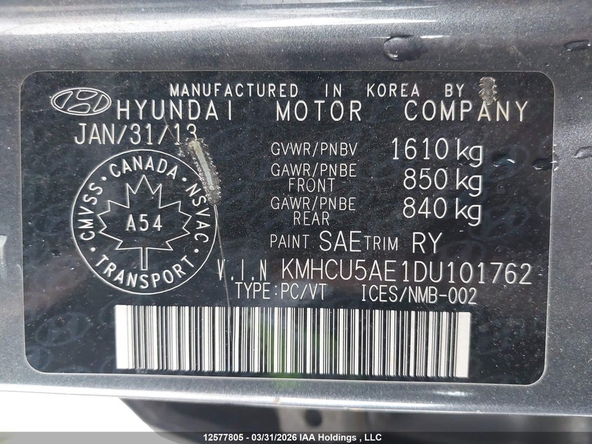 2013 Hyundai Accent VIN: KMHCU5AE1DU101762 Lot: 12577805