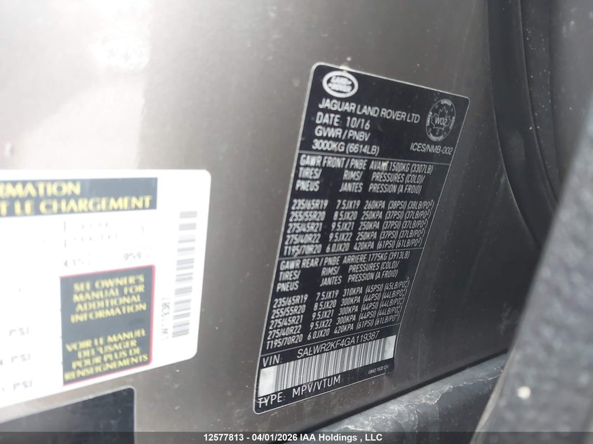 2016 Land Rover Range Rover Sport Diesel Td6 Hse VIN: SALWR2KF4GA119387 Lot: 12577813