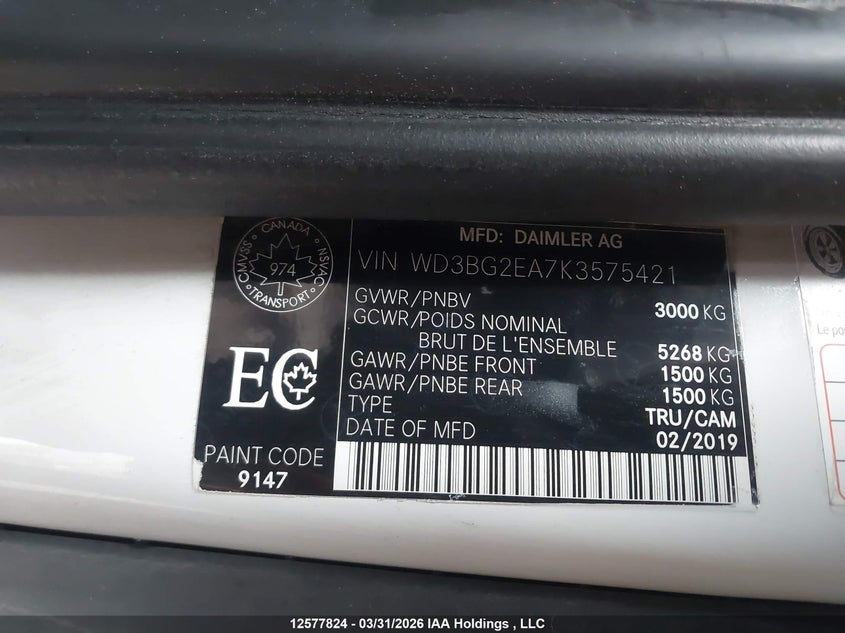 2019 Mercedes-Benz Metris VIN: WD3BG2EA7K3575421 Lot: 12577824