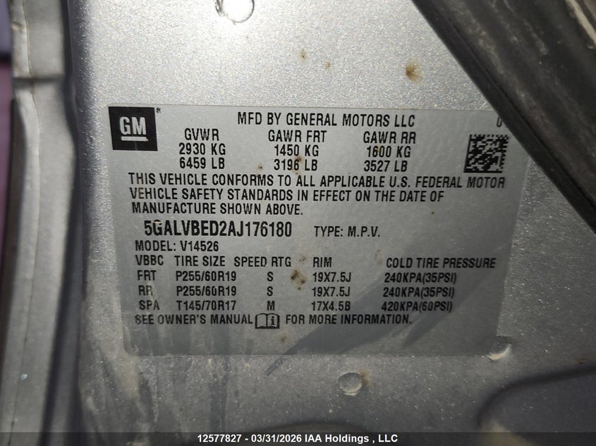 2010 Buick Enclave Cxl VIN: 5GALVBED2AJ176180 Lot: 12577827