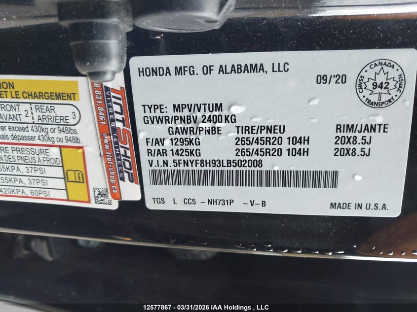 2020 Honda Passport Touring VIN: 5FNYF8H93LB502008 Lot: 12577867