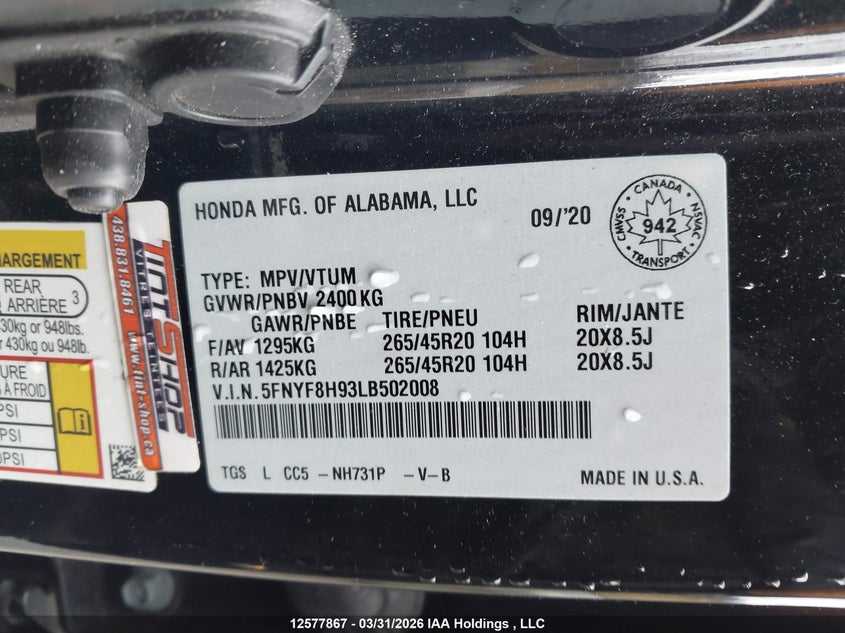 2020 Honda Passport Touring VIN: 5FNYF8H93LB502008 Lot: 12577867