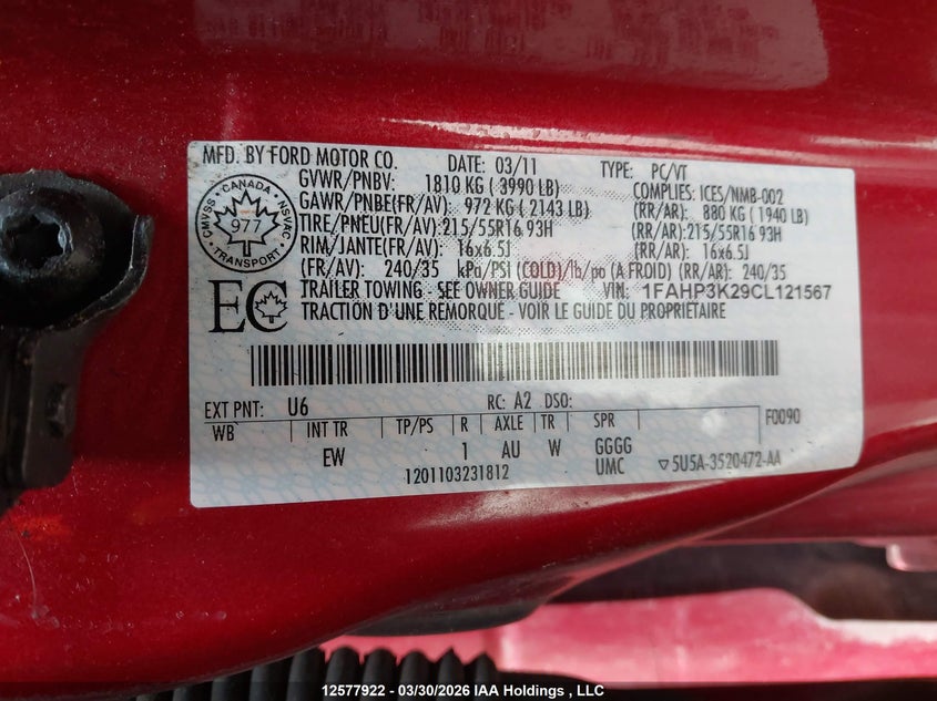 2012 Ford Focus Se VIN: 1FAHP3K29CL121567 Lot: 12577922