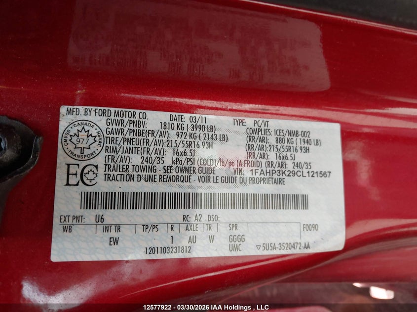 2012 Ford Focus Se VIN: 1FAHP3K29CL121567 Lot: 12577922