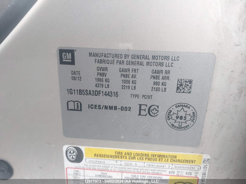 2013 Chevrolet Malibu Ls VIN: 1G11B5SA3DF144316 Lot: 12577973