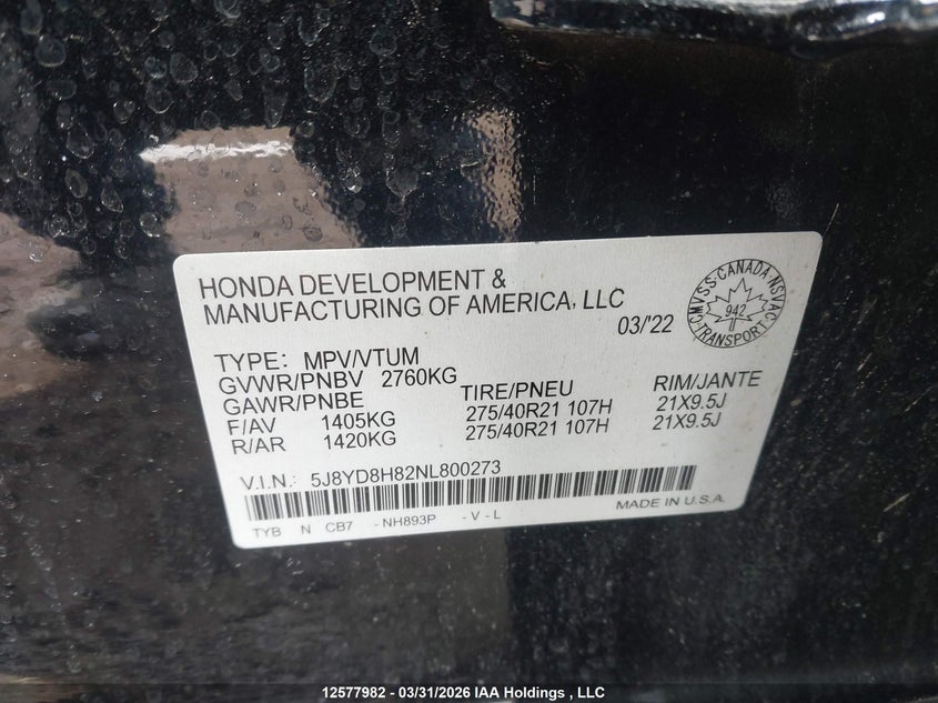 2022 Acura Mdx Type S Ultra VIN: 5J8YD8H82NL800273 Lot: 12577982