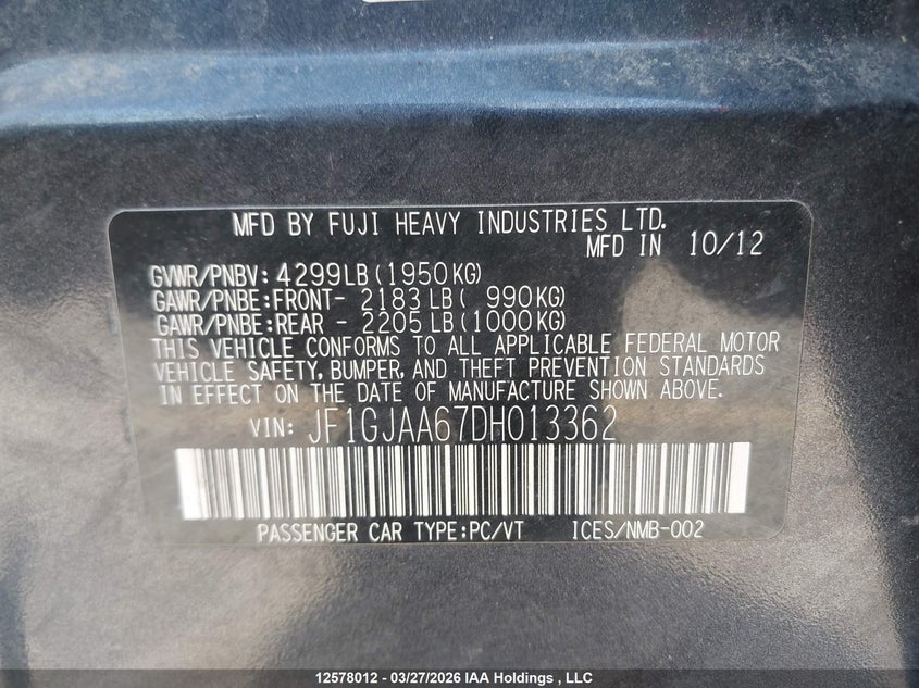 2013 Subaru Impreza VIN: JF1GJAA67DH013362 Lot: 12578012