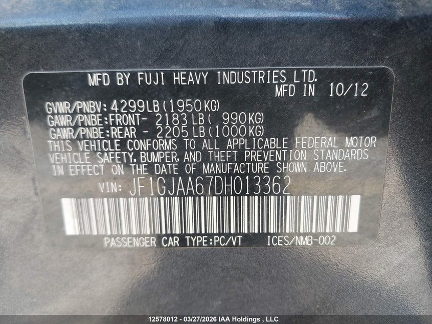 2013 Subaru Impreza VIN: JF1GJAA67DH013362 Lot: 12578012