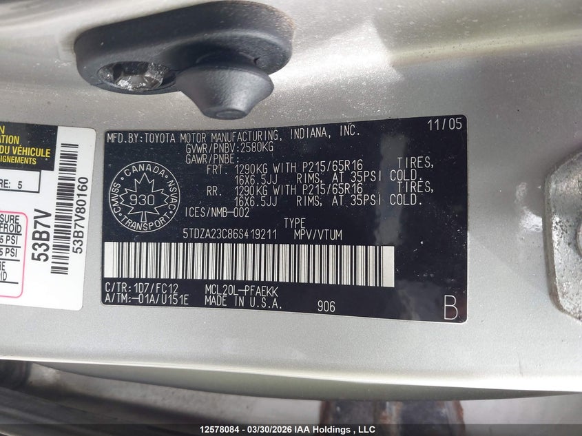 2006 Toyota Sienna Ce/Le VIN: 5TDZA23C86S419211 Lot: 12578084