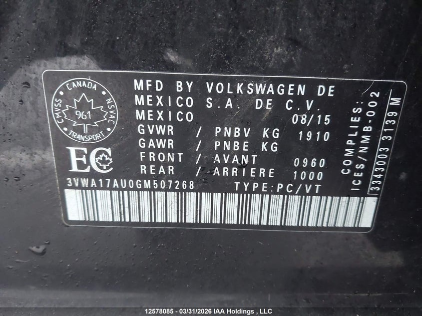 2016 Volkswagen Golf Sportwagen S VIN: 3VWA17AU0GM507268 Lot: 12578085