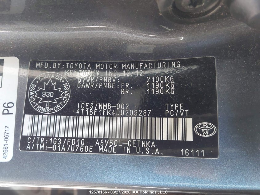 2013 Toyota Camry L/Se/Le/Xle VIN: 4T1BF1FK4DU209287 Lot: 12578156