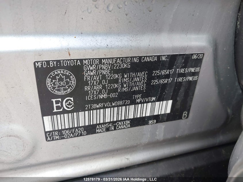 2020 Toyota Rav4 VIN: 2T3BWRFV0LW088739 Lot: 12578179