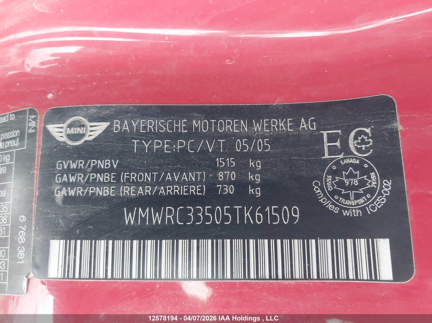 2005 Mini Cooper Classic VIN: WMWRC33505TK61509 Lot: 12578194