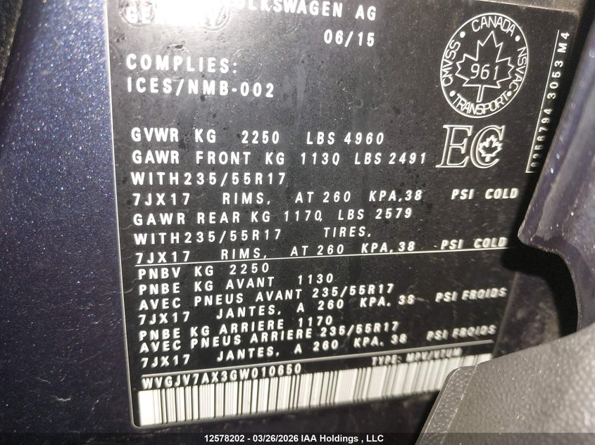 2016 Volkswagen Tiguan Comfort/High/R-Line/Sp Ed VIN: WVGJV7AX3GW010650 Lot: 12578202