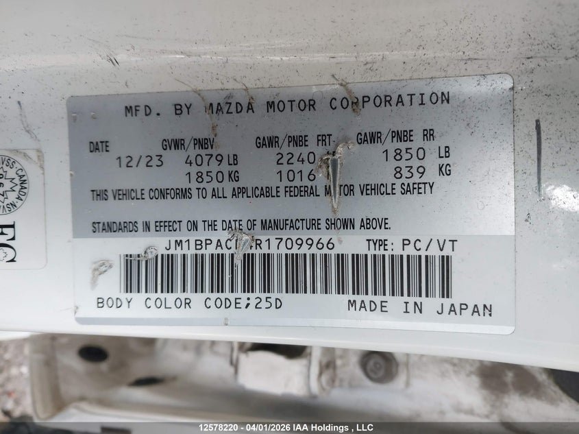 2024 Mazda Mazda3 VIN: JM1BPACM4R1709966 Lot: 12578220