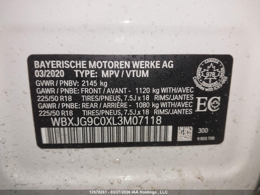 2020 BMW X1 xDrive28I VIN: WBXJG9C0XL3M07118 Lot: 12578261