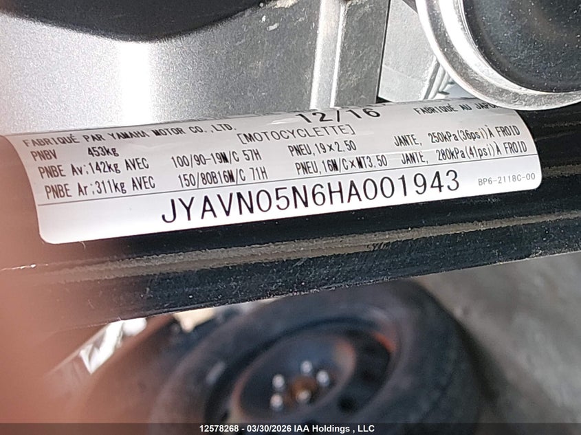 2017 Yamaha Xvs950 Cu/Cuc VIN: JYAVN05N6HA001943 Lot: 12578268