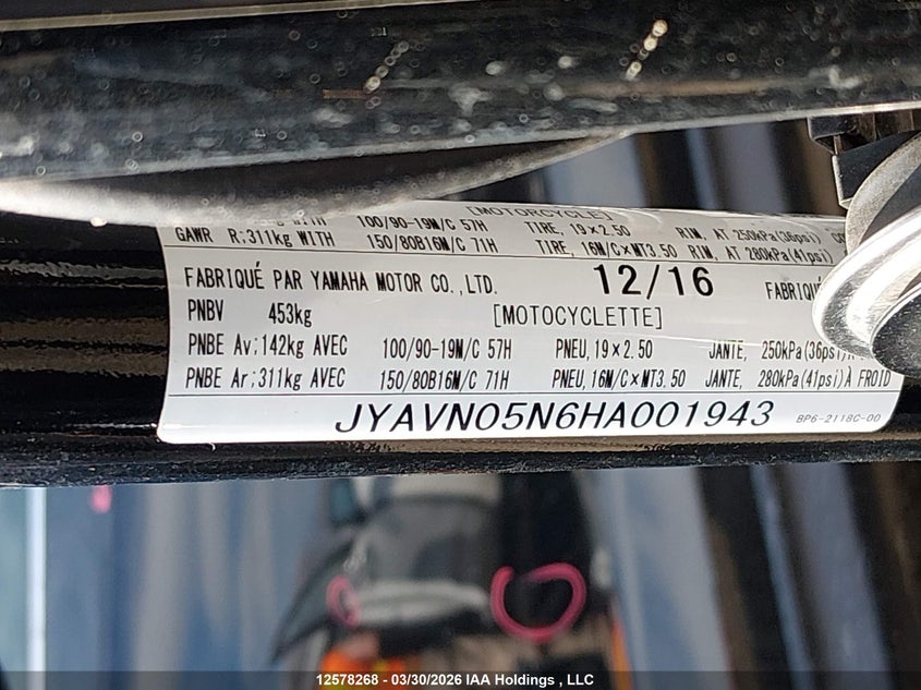 2017 Yamaha Xvs950 Cu/Cuc VIN: JYAVN05N6HA001943 Lot: 12578268
