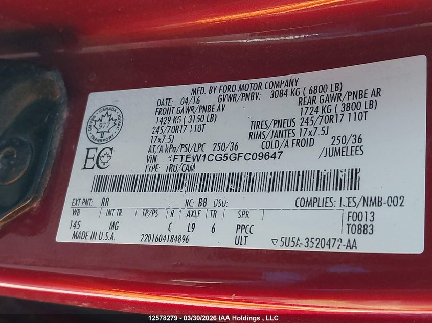 2016 Ford F-150 Xlt VIN: 1FTEW1CG5GFC09647 Lot: 12578279