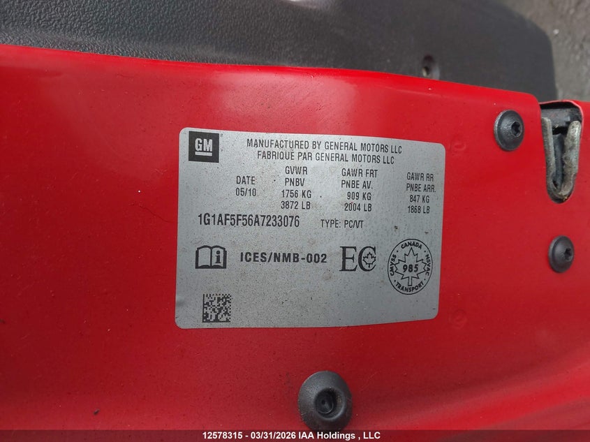 2010 Chevrolet Cobalt Lt VIN: 1G1AF5F56A7233076 Lot: 12578315