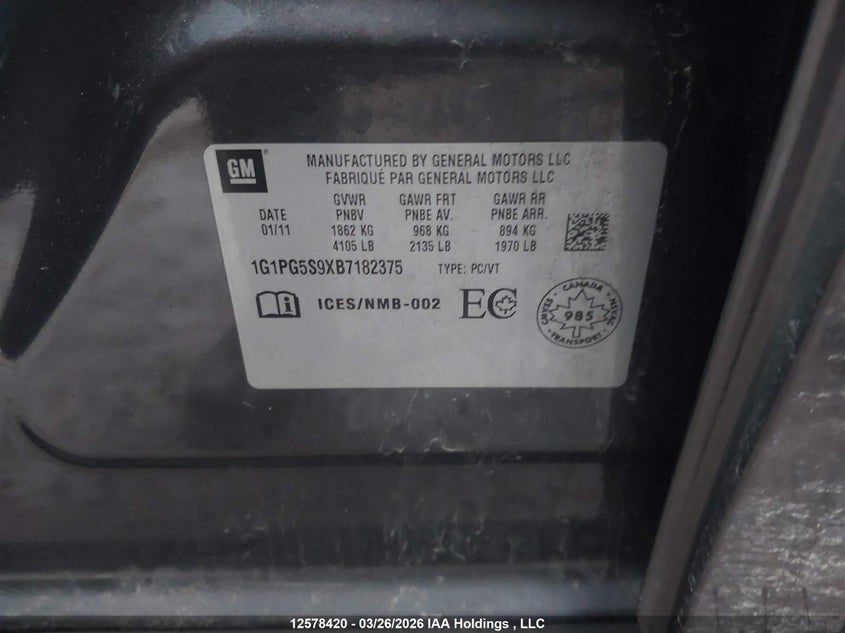 2011 Chevrolet Cruze VIN: 1G1PG5S9XB7182375 Lot: 12578420