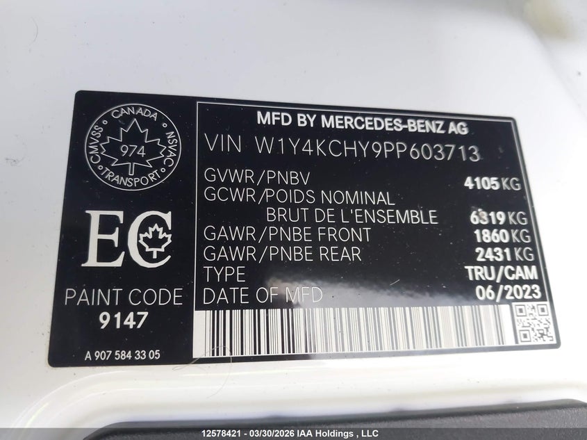 2023 Mercedes-Benz Sprinter 2500 High Roof 4-Cyl Diesel VIN: W1Y4KCHY9PP603713 Lot: 12578421