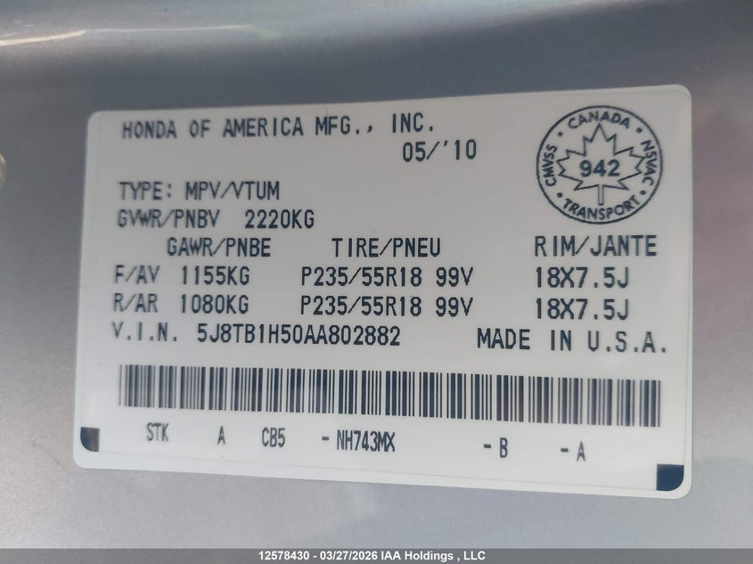 2010 Acura Rdx VIN: 5J8TB1H50AA802882 Lot: 12578430