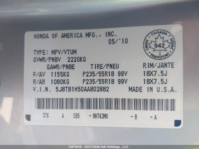 2010 Acura Rdx VIN: 5J8TB1H50AA802882 Lot: 12578430