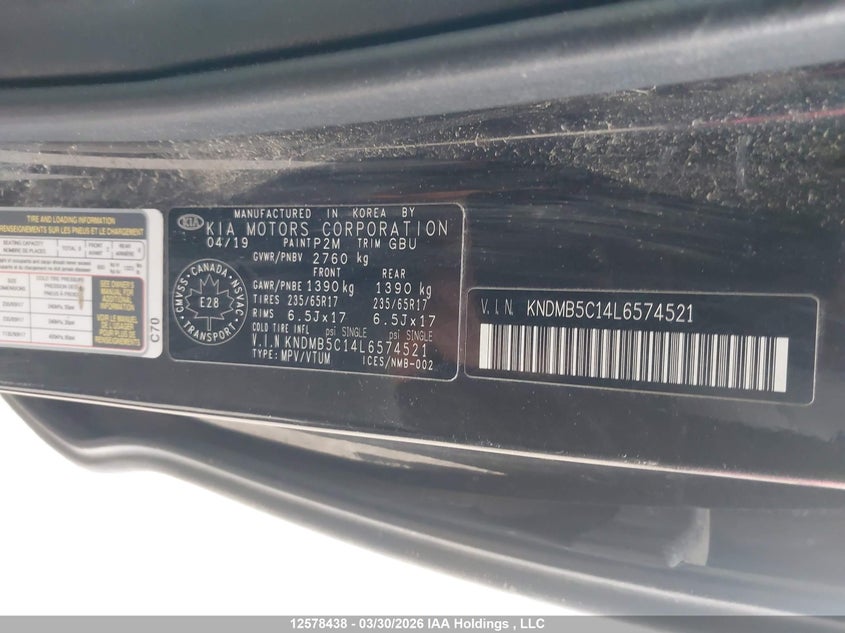 2020 Kia Sedona Lx/Lx+ VIN: KNDMB5C14L6574521 Lot: 12578438