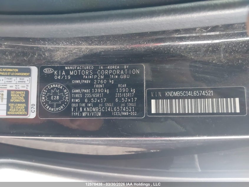 2020 Kia Sedona Lx/Lx+ VIN: KNDMB5C14L6574521 Lot: 12578438