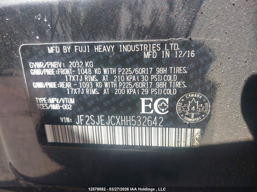 2017 Subaru Forester 2.5I Limited VIN: JF2SJEJCXHH532642 Lot: 12578582