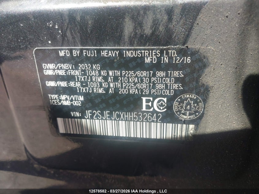 2017 Subaru Forester 2.5I Limited VIN: JF2SJEJCXHH532642 Lot: 12578582