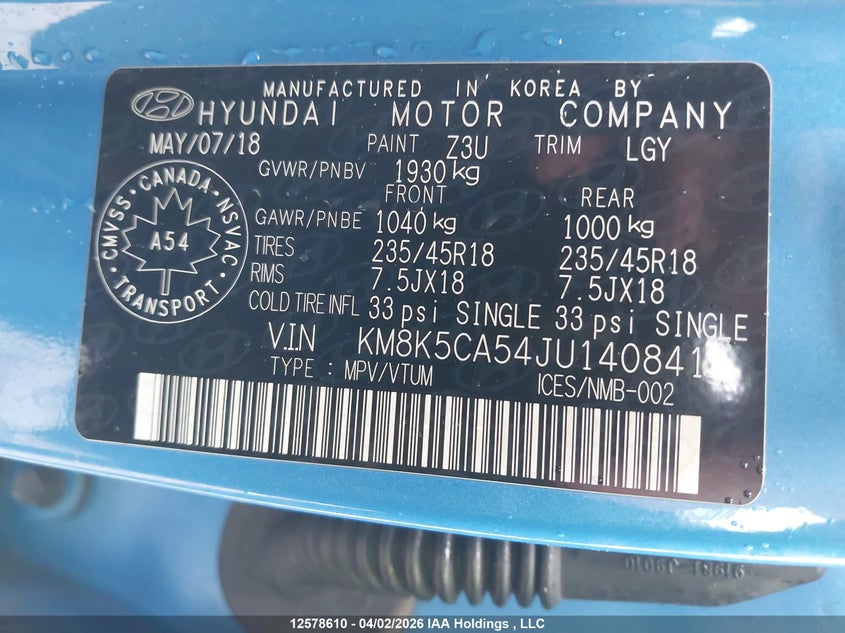 2018 Hyundai Kona 1.6T Ultimate VIN: KM8K5CA54JU140841 Lot: 12578610