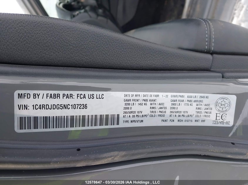 2022 Dodge Durango Gt VIN: 1C4RDJDG5NC107236 Lot: 12578647