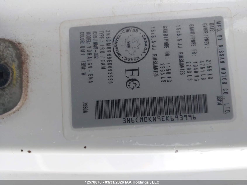 2014 Nissan Nv200 VIN: 3N6CM0KN9EK693996 Lot: 12578678