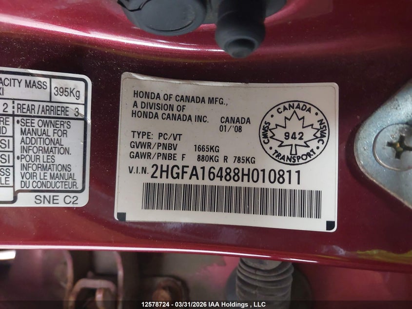 2008 Honda Civic Dx-G VIN: 2HGFA16488H010811 Lot: 12578724