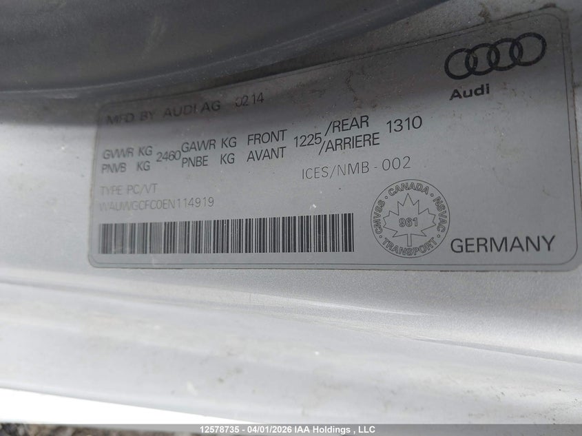 2014 Audi A7 Quattro VIN: WAUWGCFC0EN114919 Lot: 12578735