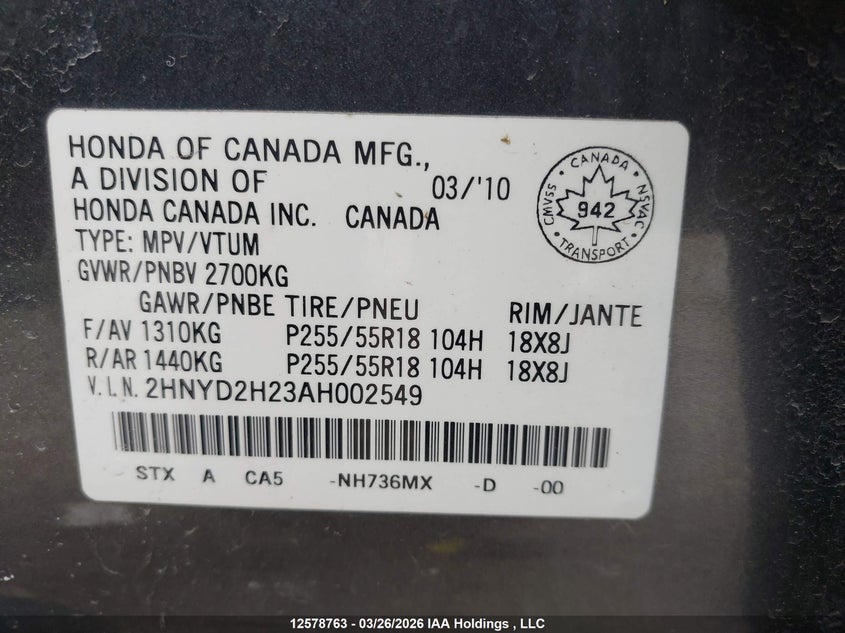 2010 Acura Mdx VIN: 2HNYD2H23AH002549 Lot: 12578763
