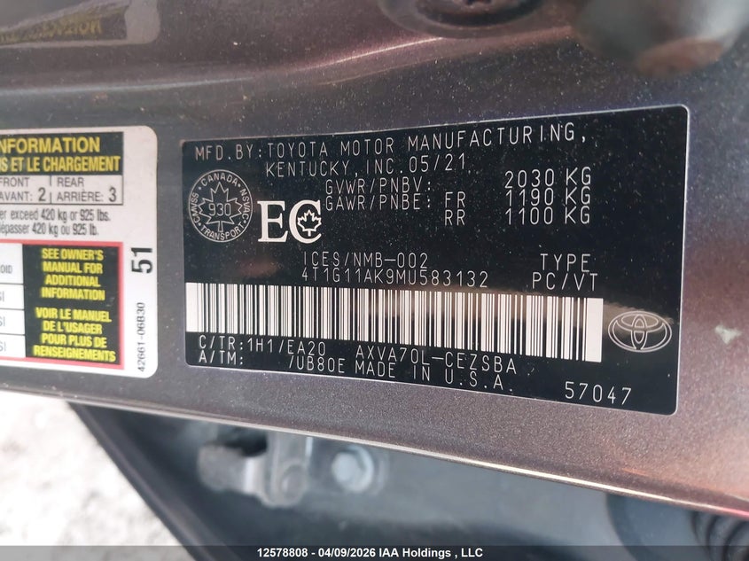 2021 Toyota Camry Se VIN: 4T1G11AK9MU583132 Lot: 12578808