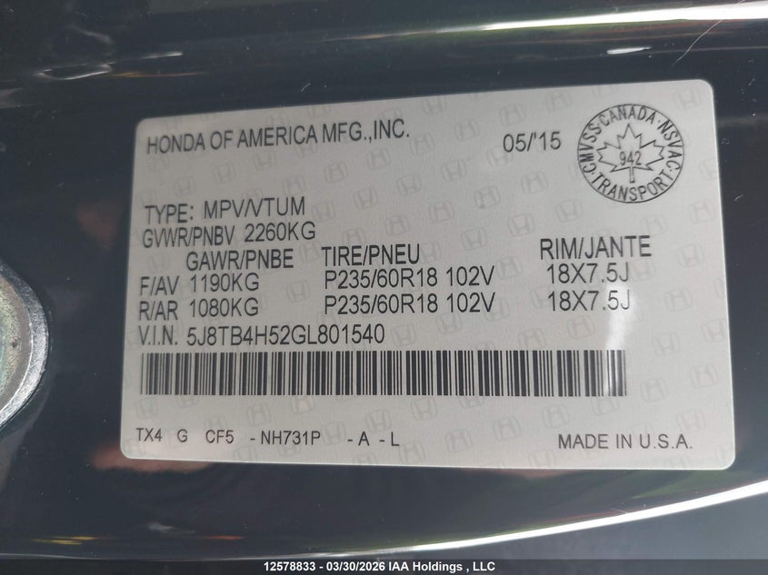 2016 Acura Rdx Tech Package VIN: 5J8TB4H52GL801540 Lot: 12578833