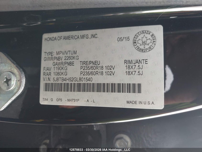 2016 Acura Rdx Tech Package VIN: 5J8TB4H52GL801540 Lot: 12578833