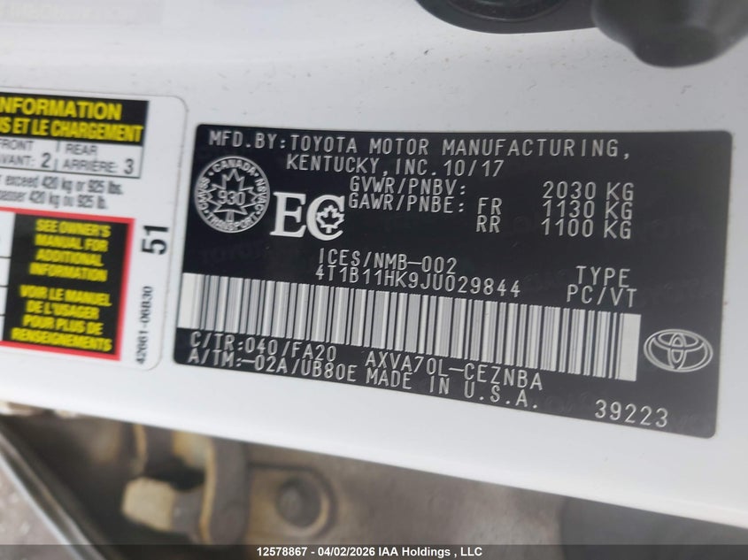 2018 Toyota Camry Le VIN: 4T1B11HK9JU029844 Lot: 12578867