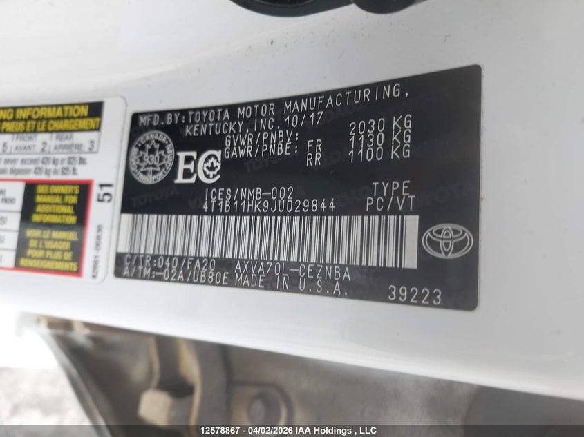 2018 Toyota Camry Le VIN: 4T1B11HK9JU029844 Lot: 12578867