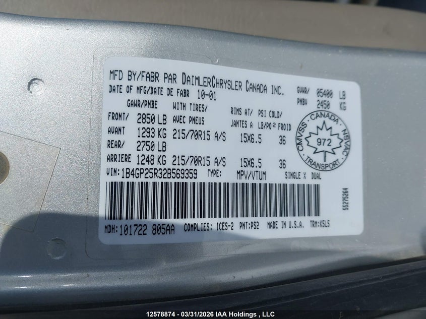 2002 Dodge Caravan Se VIN: 1B4GP25R32B569359 Lot: 12578874