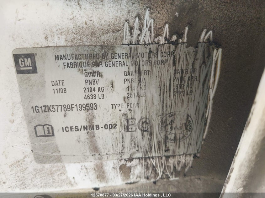 2009 Chevrolet Malibu Ltz VIN: 1G1ZK57789F199593 Lot: 12578877