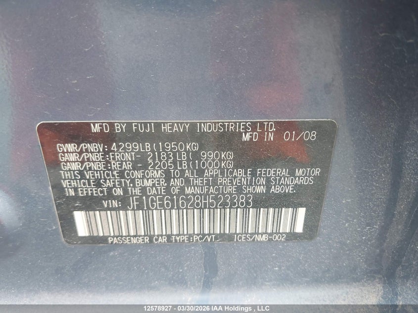 2008 Subaru Impreza 2.5 I VIN: JF1GE61628H523383 Lot: 12578927