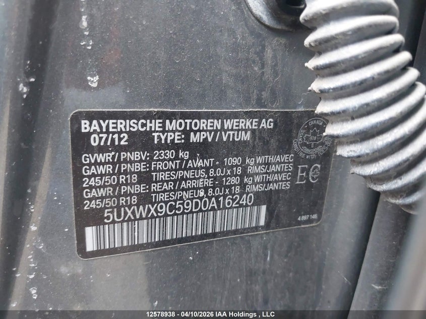 2013 BMW X3 2.8I VIN: 5UXWX9C59D0A16240 Lot: 12578938