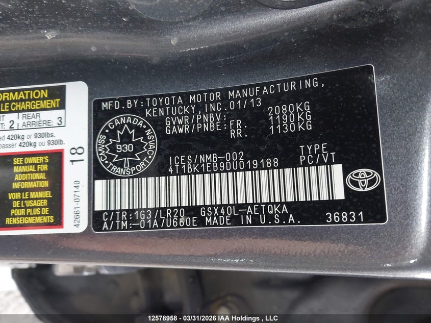 2013 Toyota Avalon VIN: 4T1BK1EB9DU019188 Lot: 12578958